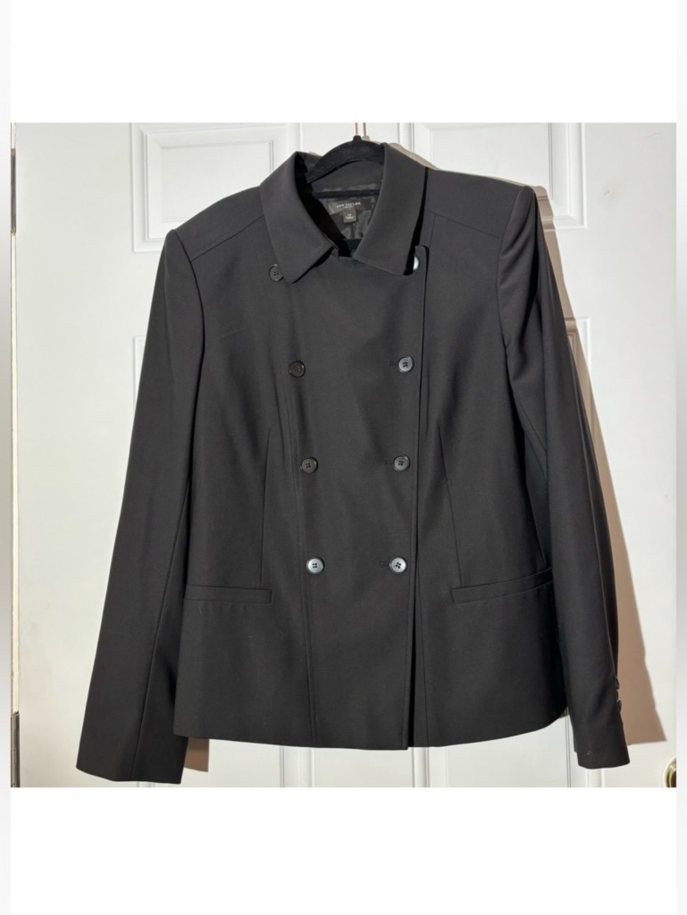 Ann Taylor Classic Double Breasted Black Virgin Wool Blazer, Size 14